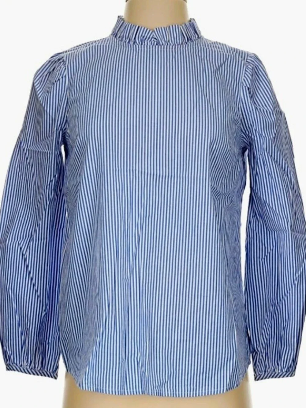 J. CREW 🦚 Pin Stripe Cotton Ruffle Neck Blouse 🦚 Sz XS ⚜️ LN/EUC